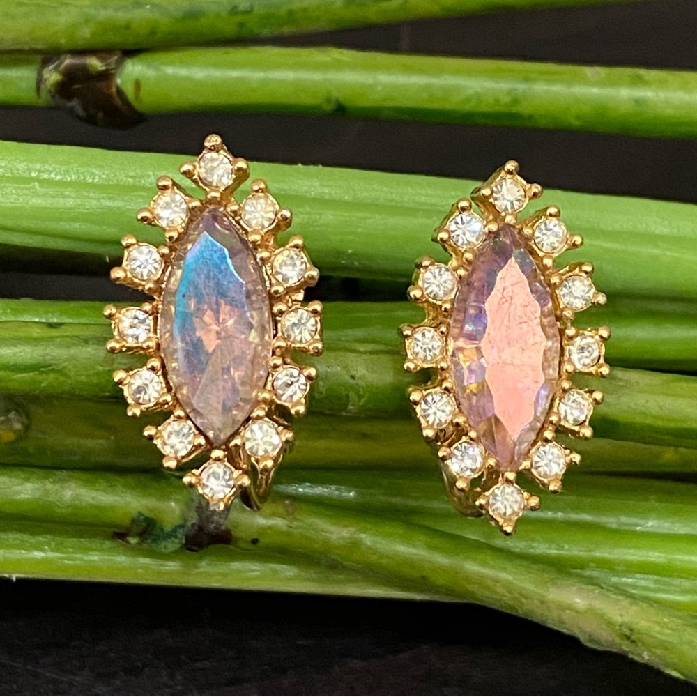 Vintage TARA Signed AB Crystal Aurora Borealis Marquis Navette Clip On Earrings
